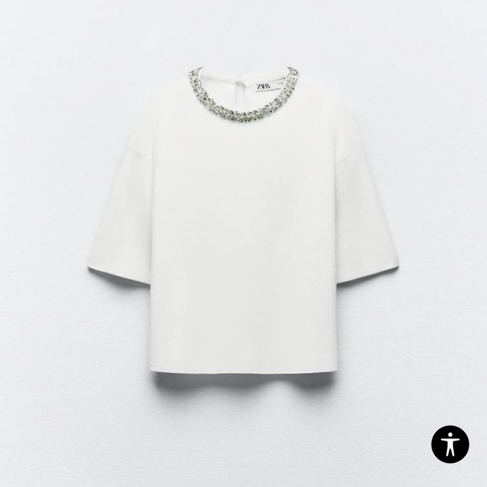 Zara Plain Knit Top with Rhinestone Neck size S